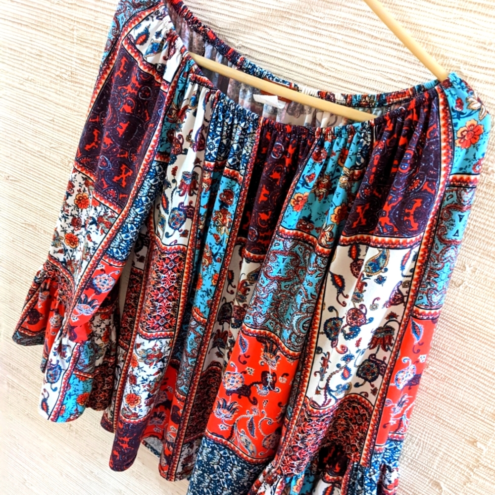 Scully women's western boho turquoise paisley full bell sleeve soft top small